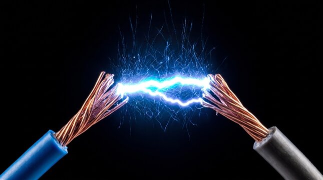 Stripped copper wires emit blue electricity sparks on black background dark space.