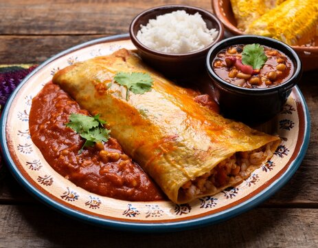 mexican enchilada platter with red sauce refried beans and rice on a rustic table