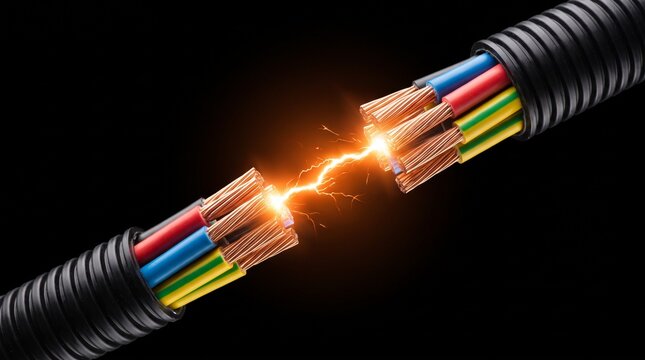 Orange lightning arc connects colorful wires within black conduit.