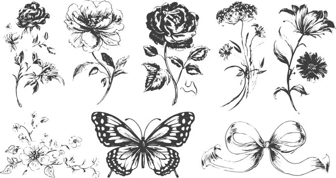 Black White Flower Silhouette Set, Decorative Botanical Shapes with Natural Forms.