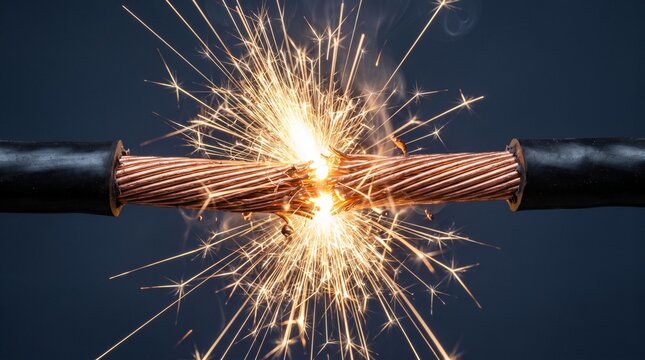 Two copper wire ends short circuiting with explosive bright sparks.