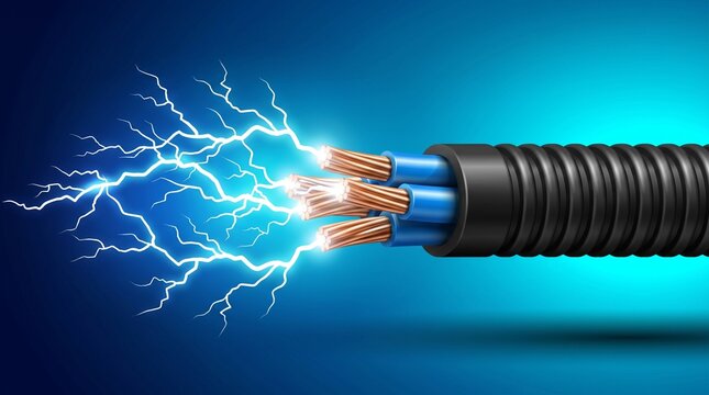 Blue industrial electric cable creates bright lightning arc neon glow blue.
