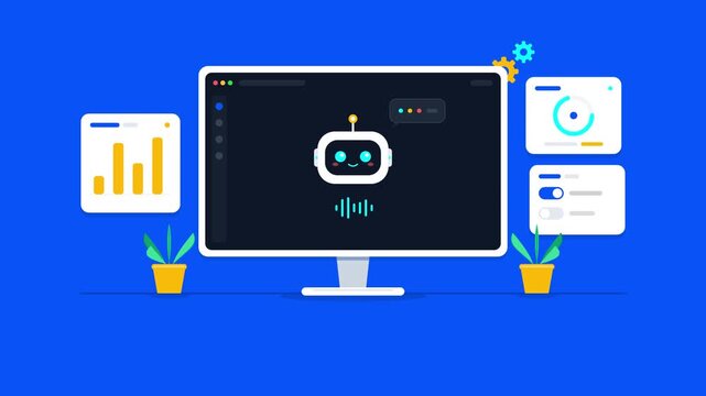 Artificial intelligence chatbot on computer screen, digital AI assistant interface with data dashboard, smart bot automation concept isolated on White Background