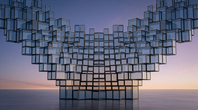 Futuristic glass cube architectural installation at sunset | Minimalist modular geometric sculpture with reflective surface | Abstract 3D transparent block structure wing design