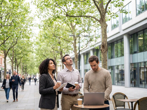 Diverse adult coworkers in tree-lined pedestrian street