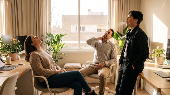 Diverse adult coworkers in calm suburban home
