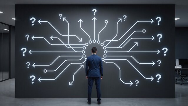 Businessman standing in front of a wall with many question marks and arrows