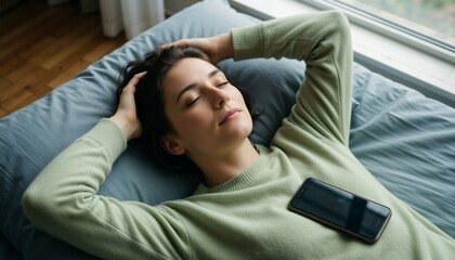 Obraz premium Woman resting on bed in light green sweater, embodying self-care and addressing burnout.