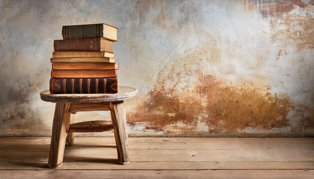 stack of antique books resting on wooden stool against distressed vintage wall background for interior design concept