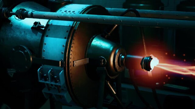 In a high tech laboratory, a sleek energy generator hums as it releases a vibrant beam of light. Scientists surround the setup, eager to harness its potential for new discoveries.