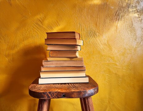 stack of old books resting on rustic wooden stool against textured weathered yellow wall background for home interior decor concept