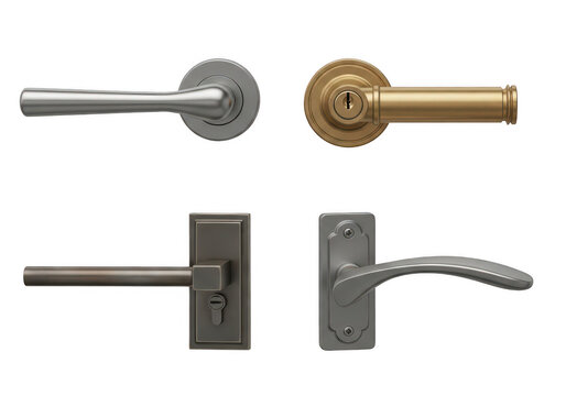 Four different door handles on a white background isolated on transparent background
