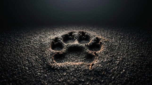 A single animal paw print indented into dark textured sand under dramatic low angle lighting with dramatic highlights illuminating deeply impressed coarse
