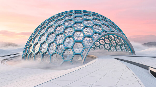 Futuristic geodesic dome architecture | Modern hexagonal glass structure design | Surreal landscape with biodome at sunset | Sci-fi habitat concept art