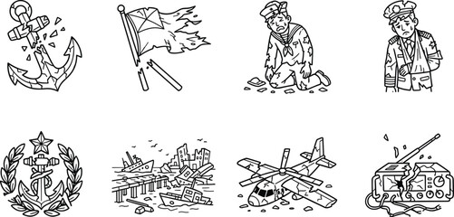 Fototapeta premium Set of war and military disaster icons, damaged equipment and sad soldiers