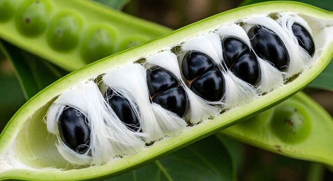 Inga seed pod split open revealing fuzzy white pulp and glossy black seeds in natural daylight