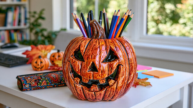 Close up of Halloween themed office stationery on a modern white desk, cute pumpkin shaped pencil holder with pens and pencils beside a decorative patterned pencil case, small jack o lantern ornamen