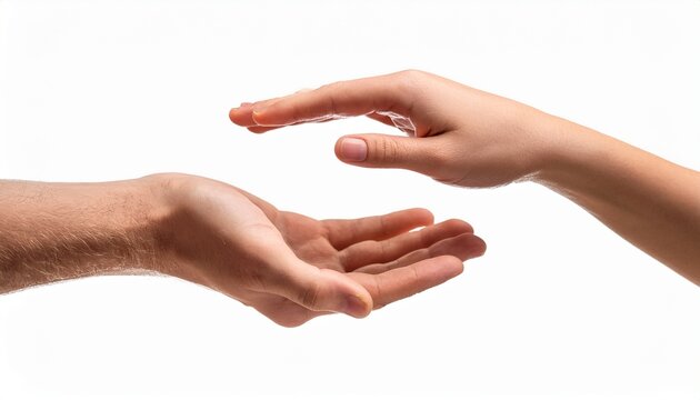 two hands reaching out to each other in a gesture of giving isolated on white background