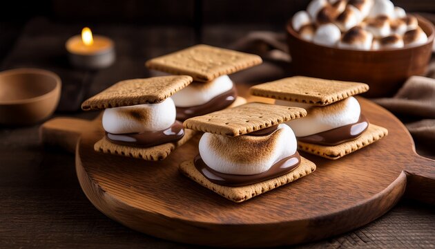 warm inviting s mores platter on a wooden surface with soft lighting and rustic textures