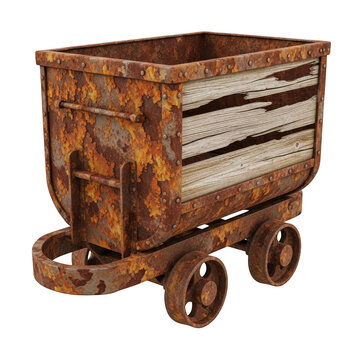 A rusty old mining cart with wooden slats isolated on transparent background