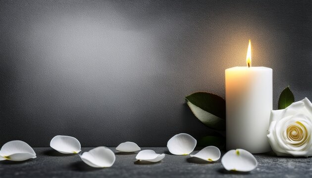 white candle with white rose and scattered petals on grey stone panoramic copy space elegant memorial background for funeral services web banner