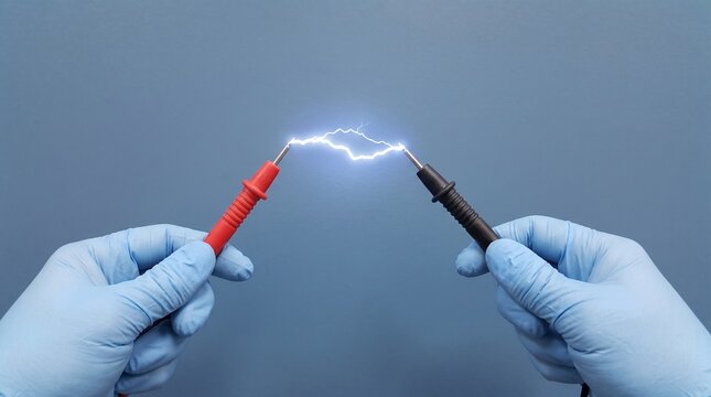 Electrical spark jumping between probes held by hands wearing blue gloves.