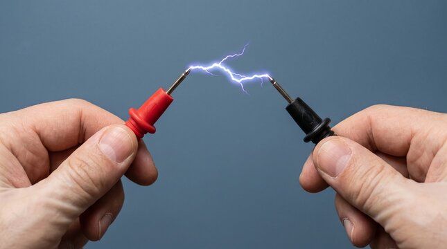 Voltage discharge between two probes held by hands against blue background.