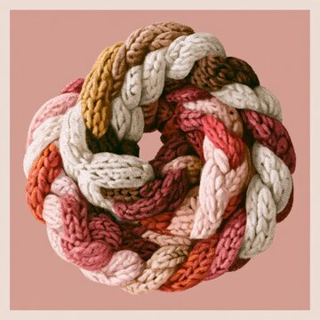 A coiled scarf rests on a muted background. The scarf has visible knit patterns and a warm tactile feel with a limited color palette.