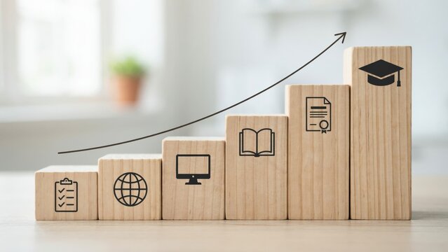 Wooden blocks with education icons arranged in a rising step graph