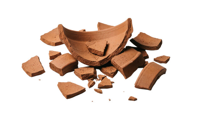 Broken terracotta pot shards, shattered clay ceramic fragments, brown earthenware pottery pieces, destruction and damage concept isolated on Transparent Background