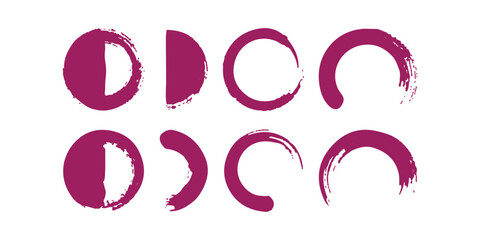 Set of purple ink brush stroke circles and moon phases shapes on a flat design © md