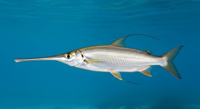Needlefish swimming in clear blue ocean water with shallow depth of field and natural light