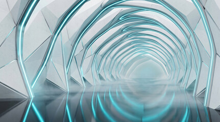 Obraz premium futuristic sci-fi tunnel with blue neon lights | modern abstract architecture interior corridor | 3d render high-tech spaceship hallway | white geometric portal with fog