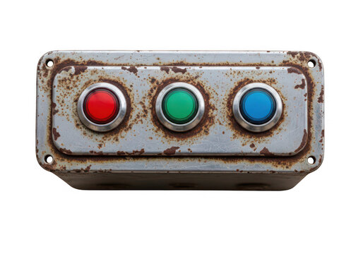 A gray metal control panel with red green and blue buttons isolated on transparent background