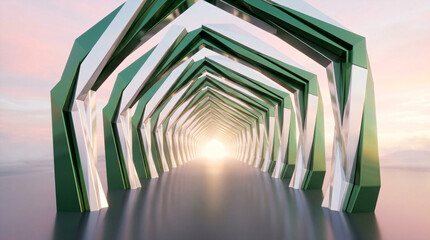 Obraz premium Futuristic geometric tunnel architecture background | Abstract 3D render of green and white metallic arches | Modern digital art corridor leading to bright light | Spatial design for innovation