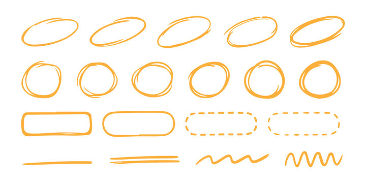 Set of hand drawn orange highlighter marker circles, rectangles, and lines for notes and editing