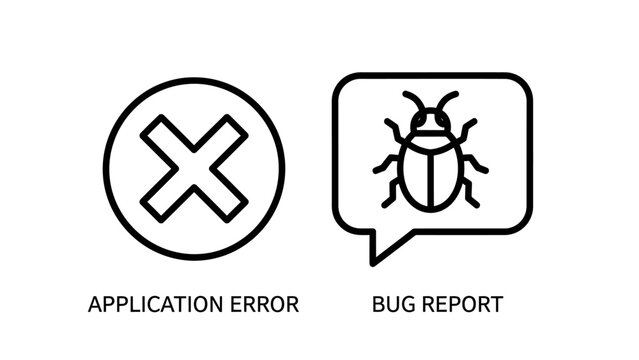 Black outline vector icons for application error and bug report with application