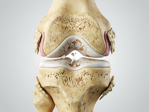 Anatomical model showing knee joint replacement with bone structure visible