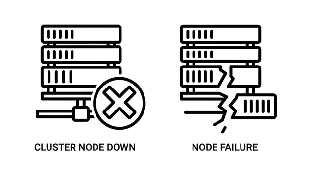 Cluster node down and server node failure outline icons with technology