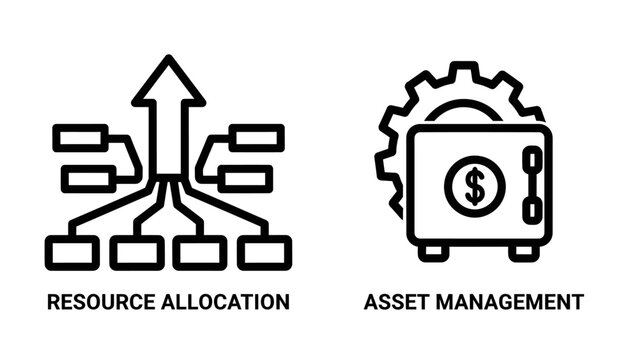 Resource allocation and asset management outline icons set with allocation