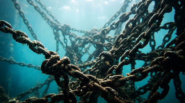 Massive weathered metal chains hang suspended in a dark space