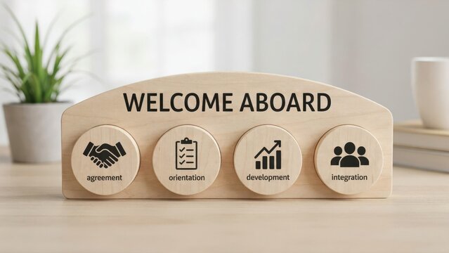 Welcome aboard sign with icons for agreement orientation development and integration
