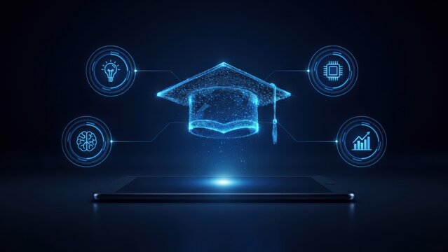 Digital graduation cap with technology icons representing online education and learning