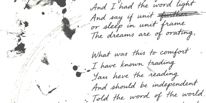 Handwritten poem text on aged paper with dark ink stains and messy artistic splatters