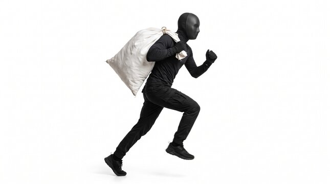 Masked burglar running fast carrying a heavy sack full of stolen goods on white background
