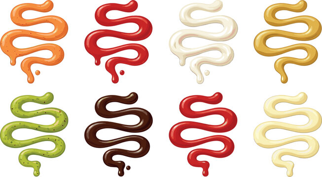 Condiment sauce squirts set including ketchup mustard mayonnaise chocolate syrup and guacamole splashes isolated on white background flat vector illustration graphic