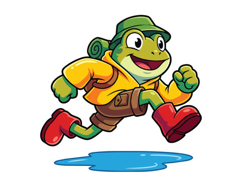 Happy frog character running in space suit