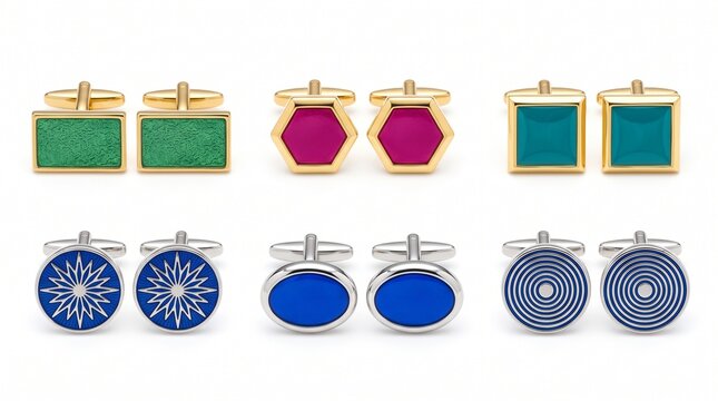 Elegant metal cufflinks featuring assorted geometric colorful designs and polished finishes arranged neatly on white background