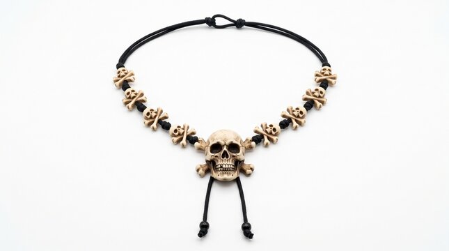 Intricate bone skull necklace featuring multiple small beads and black nylon cord on white background