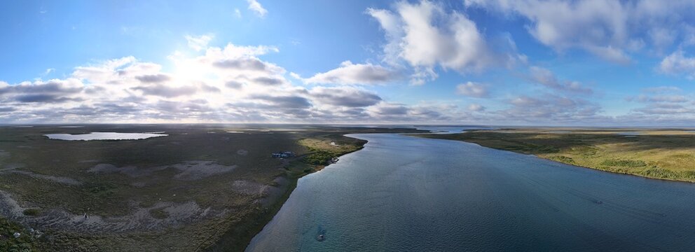 Panoramic view of the Egegik River in Alaska. A prime Alaskan fishing spot near Bristol Bay.
